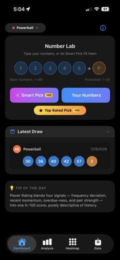 Lotto Lens Number Lab with Powerball selected, showing pick tools and the latest draw