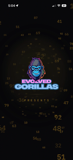 Lotto Lens launch screen with the Evolved Gorillas logo over a field of numbers
